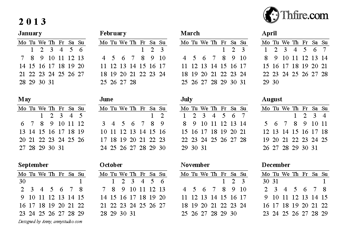 12 Months Calendar Template 2013